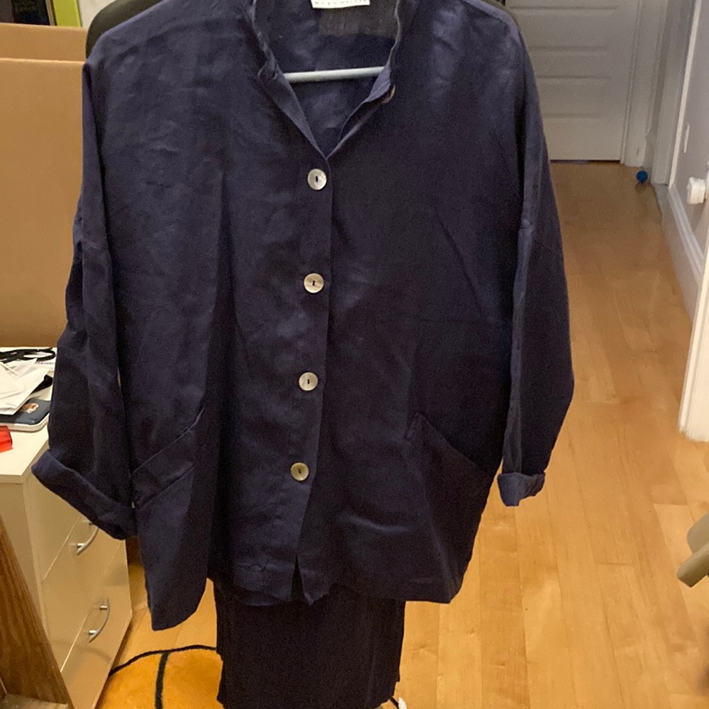 Bryan Walker blue linen elastic wide leg pant with button loose small top